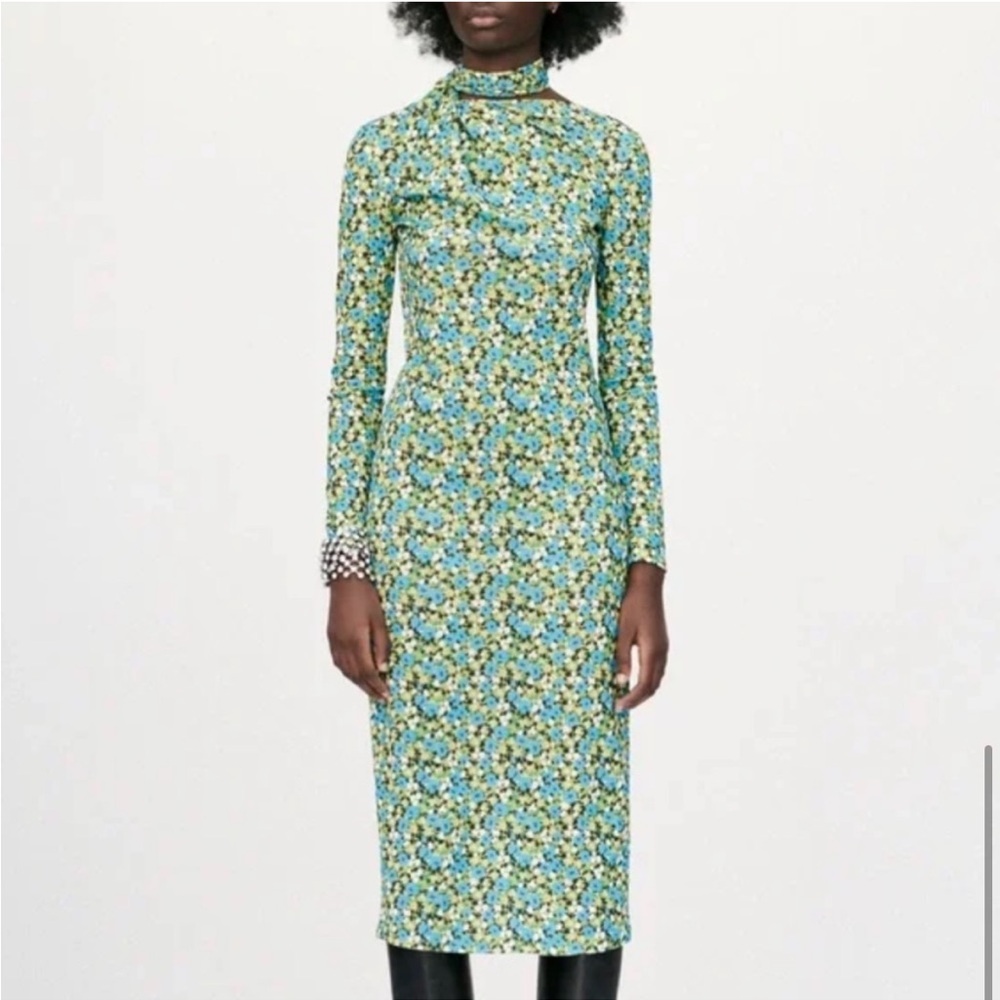 💚 ZARA Bloggers Fav Long Sleeve Floral Backless Dress with Tie. LARGE - Picture 7 of 14